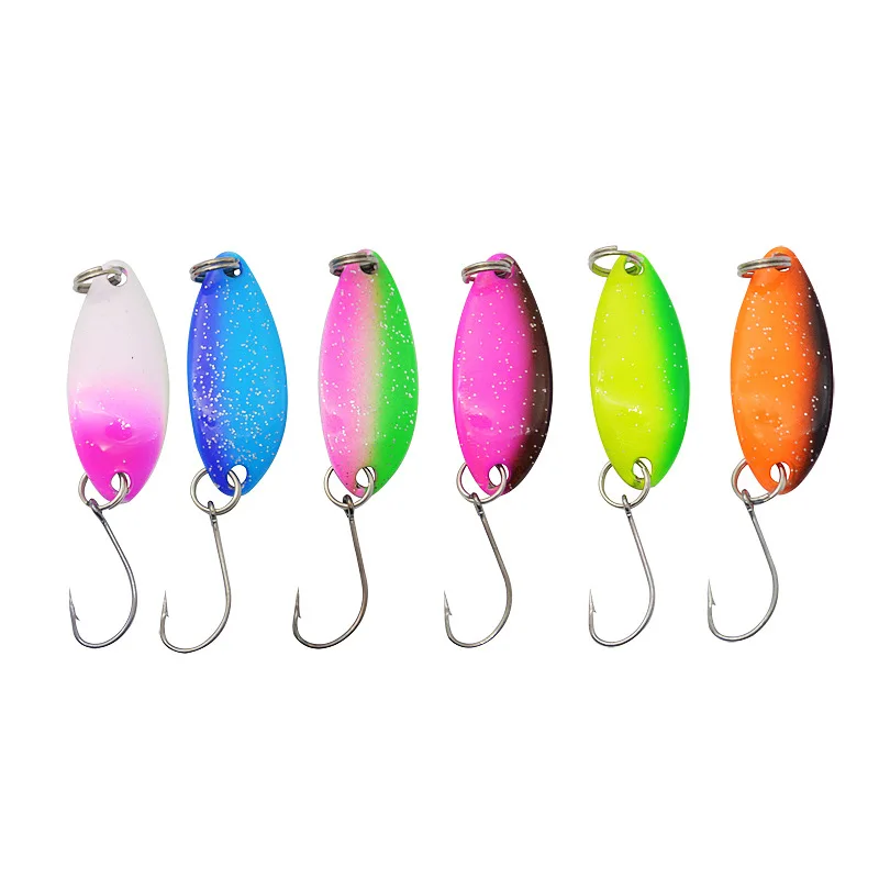 Cuchara de pesca de Metal de doble color, 3g, 33mm, 6 piezas lote con gancho único afilado para pesca de trucha, lubina y caballa, 12 colores - imagen 2