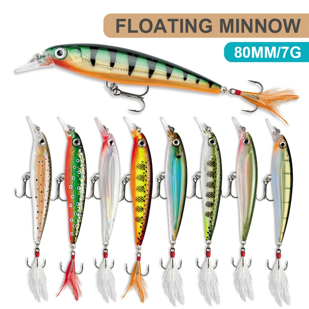 Señuelos de pesca flotantes, 8cm, 7g, Wobbler, anzuelo de pluma láser de fundición larga, cebo duro Artificial, Jerkbait, trucha, lubina, MN601 - imagen 3