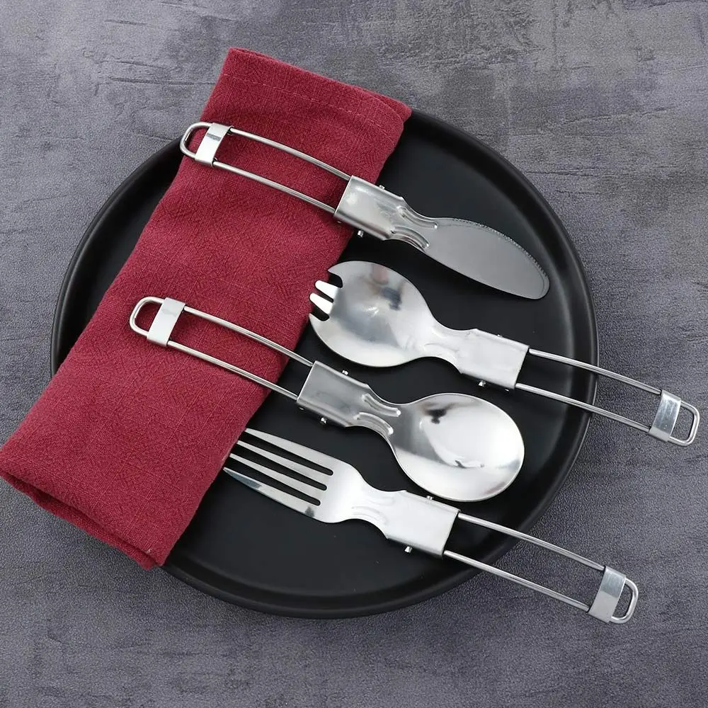 Utensilios portátiles de viaje para acampar, cubiertos plegables de acero inoxidable, cuchara, tenedor, Spork - imagen 3