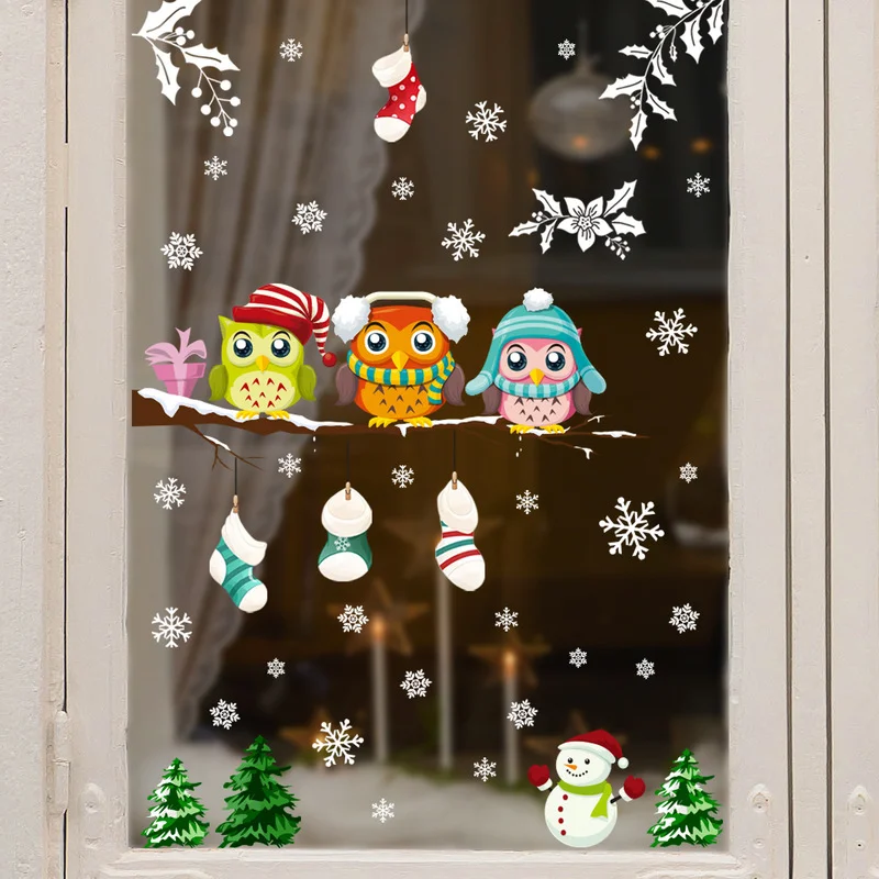 Rama búho copo de nieve pegatina de pared pegatina de cristal de Navidad sala de estar dormitorio ventana decoración pegatina de pared - imagen 3