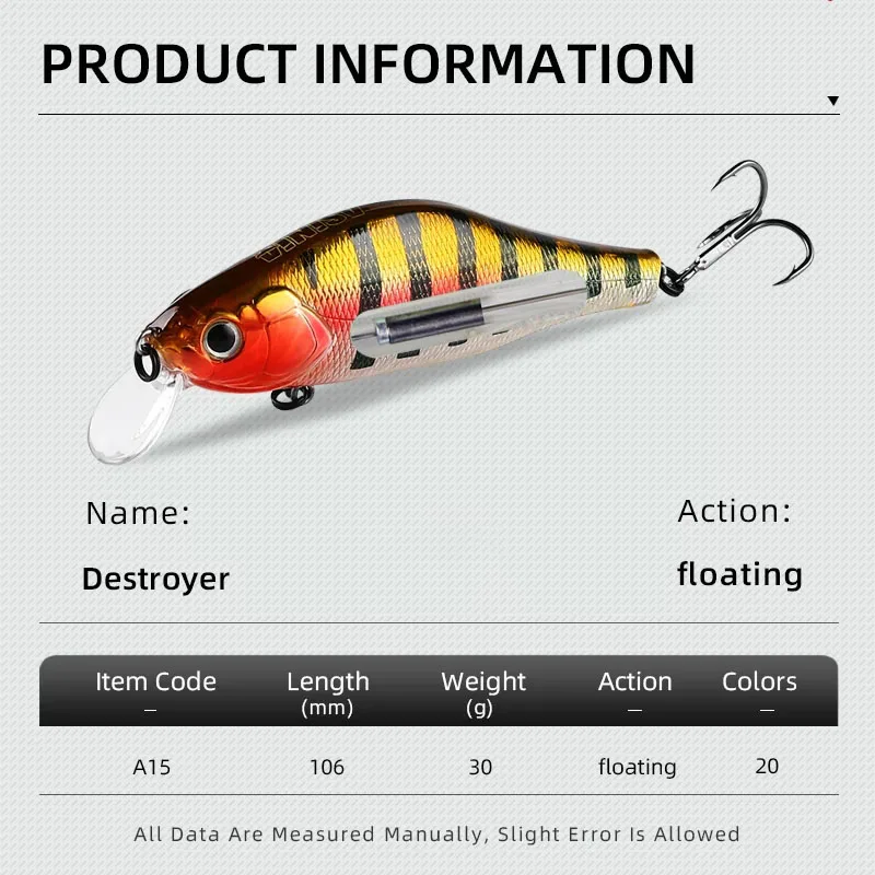 Juego de Señuelos de Pesca de 106Mm, cebo de pesca de agua salada, Tilapia, Minnow, aparejos, señuelos giratorios Wobbler, anzuelos de hundimiento - imagen 3