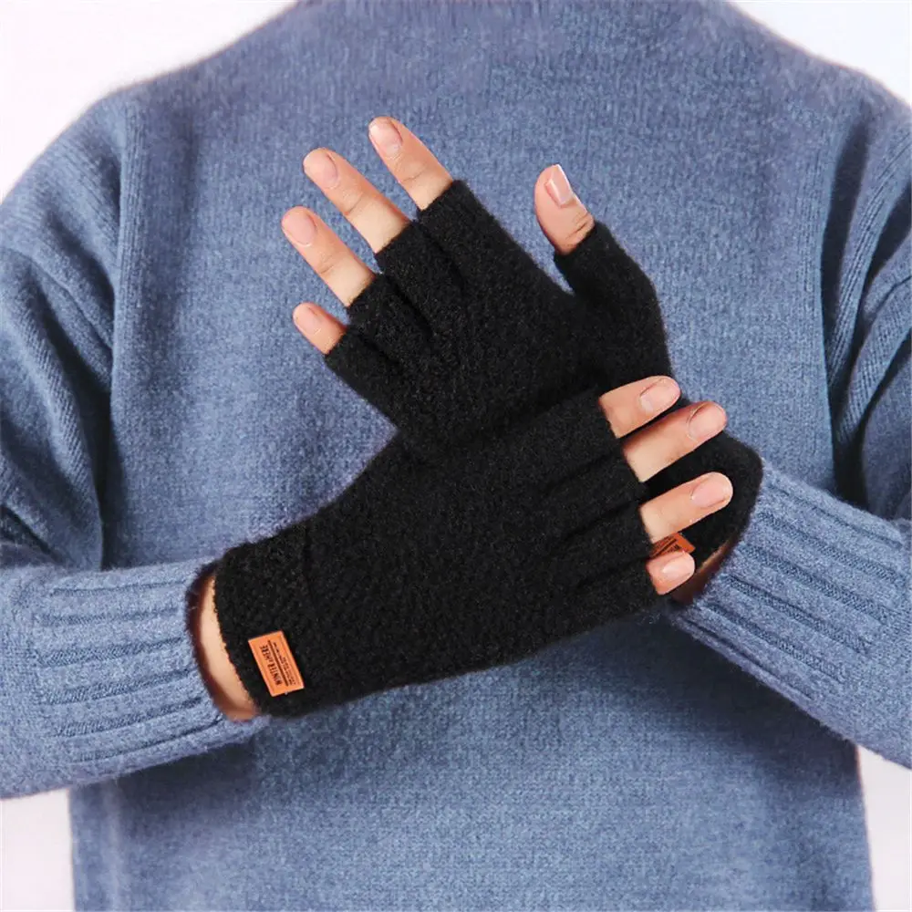 Manoplas elásticas cálidas de invierno para oficina, guantes de medio dedo para conducir, guantes sin dedos de lana de Alpaca tejidos - imagen 2