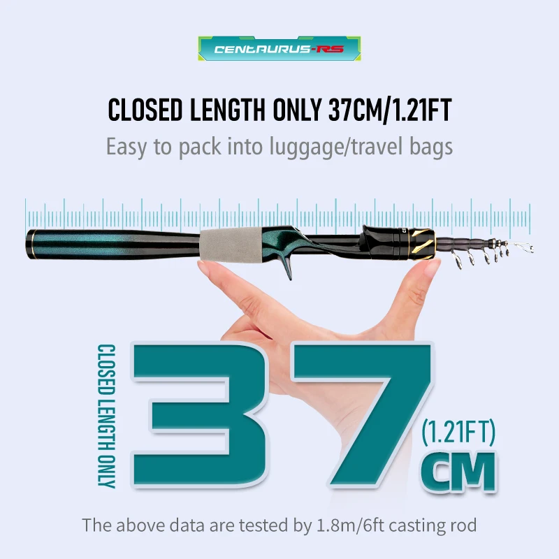 CEMREO-Mini caña de pescar de viaje, 37cm, portátil, corta, telescópica de fibra de carbono, 1,8 m/2,1 m, fácil de llevar, Modelo RS - imagen 3