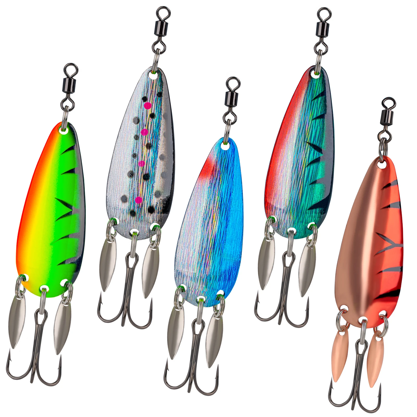 Cucharas de pesca, cebo duro con anzuelos triples giratorios, 14g, cuchara giratoria de Metal, señuelos artificiales para pesca de trucha, 5 uds.