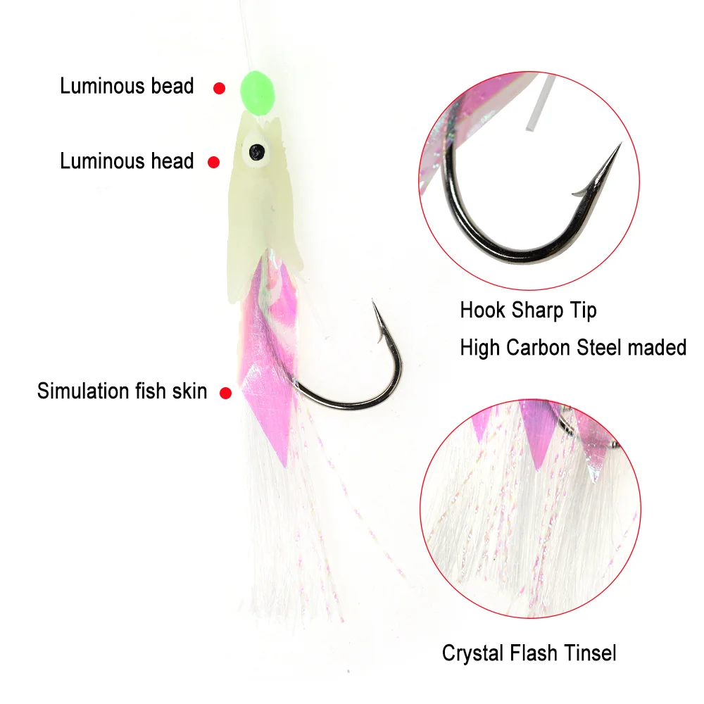 Lionriver-señuelo de pesca de agua dulce y salada, anzuelos luminosos con Flash de piel de pez simulado, aparejos de pesca Sabiki - imagen 4