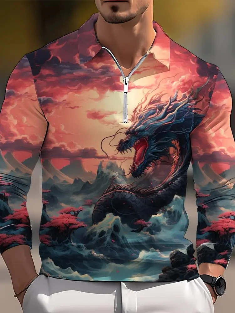 Camiseta con estampado 3D de dragón Oriental misterioso para hombre, Polo de manga larga con cremallera, camisa informal Unisex, Otoño, PLP87