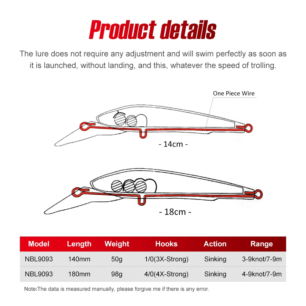 Señuelo de pesca NOEBY Trolling Minnow, 14cm, 50g, 18cm, 98g, juego en alta mar que se hunde, cebo duro Artificial para atún, señuelos de pesca en barcos de mar - imagen 3