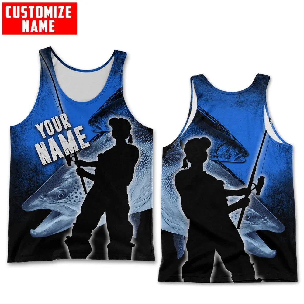 Camiseta de pesca con nombre personalizado para hombre, chaleco con estampado 3D de trucha, camiseta sin mangas a la moda, ropa de calle de verano, camisetas sin mangas Unisex, BX46 - imagen 3