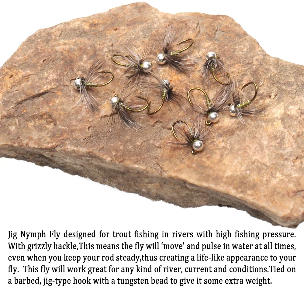 Wifreo 8 piezas de plantilla de cabeza de cuentas de tungsteno Ninfa Fly Grizzly Hackle Jig Hook # 12 # 14 # 16 cebos de señuelo de pesca de trucha de ninfa europea de hundimiento rápido - imagen 5