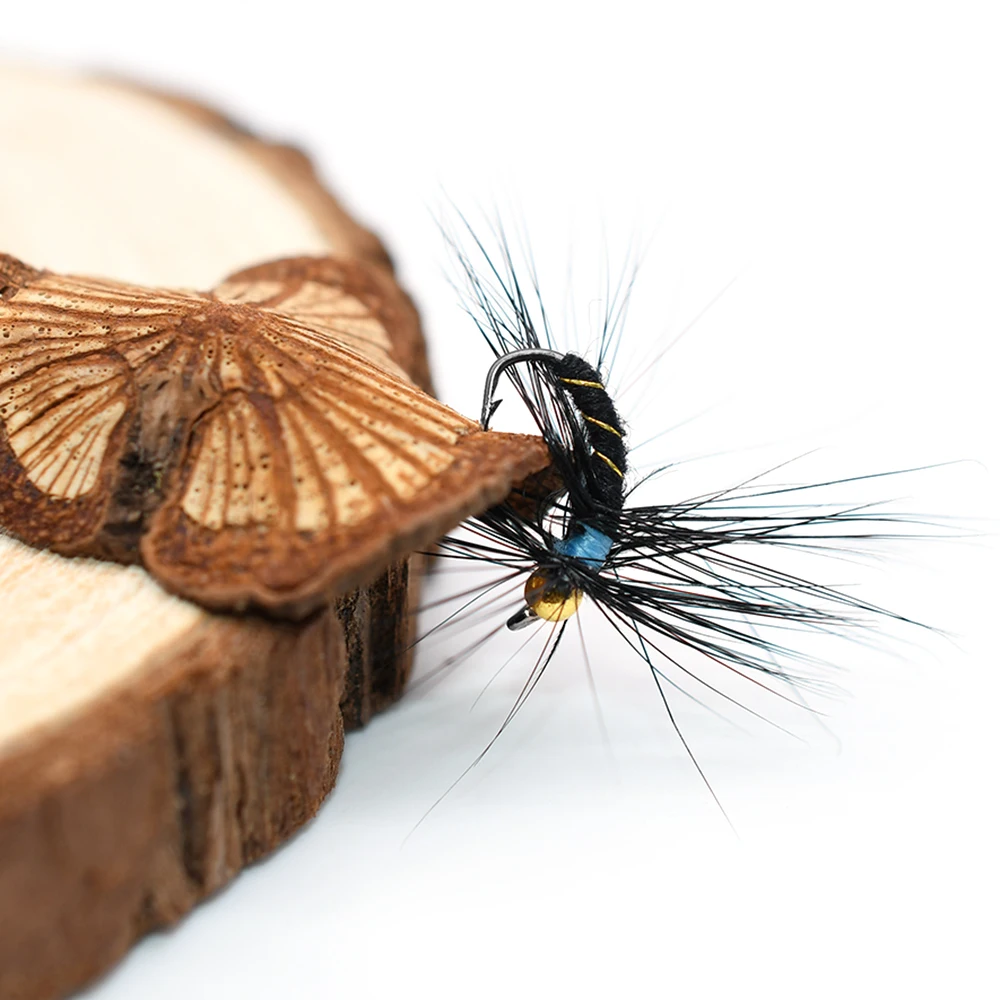 MNFT 10 piezas #10, cabeza de abalorio dorado, circo Caddis, azul y negro, pesca, ninfa, moscas, trucha, Mosca de pescado - imagen 4