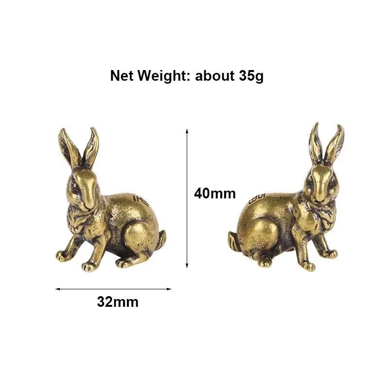Adornos de estatua de conejo de la suerte del zodiaco de cobre antiguo, estatuilla en miniatura de Animal de latón macizo Vintage, decoración de escritorio de Mascota de té, 1 par - imagen 5