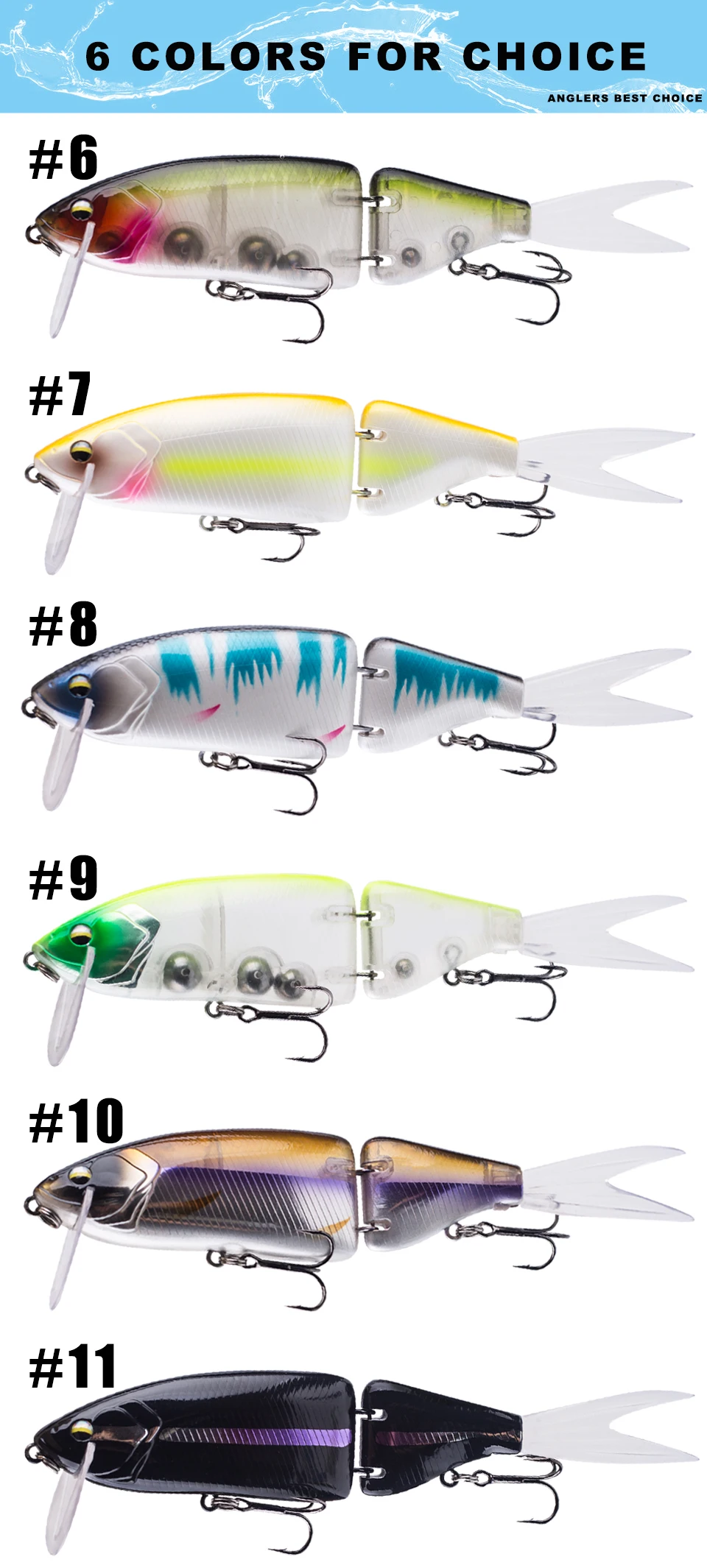 ¡Explore la selección vibrante de seis colores para su señuelo de pesca!