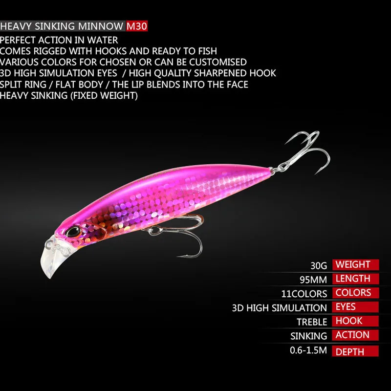 Cebo de pececillo que se hunde, 30g, Señuelos de Pesca, cebo duro con ojos 3D para aparejos de pesca, pesca en aguas profundas, 1 Uds. Con anzuelos dobles, lubina - imagen 4