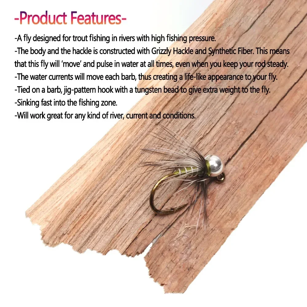 Bimoo 4 piezas # 12 # 14 # 16 cabeza de cuentas de tungsteno Grizzly Hackle Jig Ninfa Fly fregadero rápido con púas húmedas Euro Ninfa mosca trucha Señuelos de pesca - imagen 5