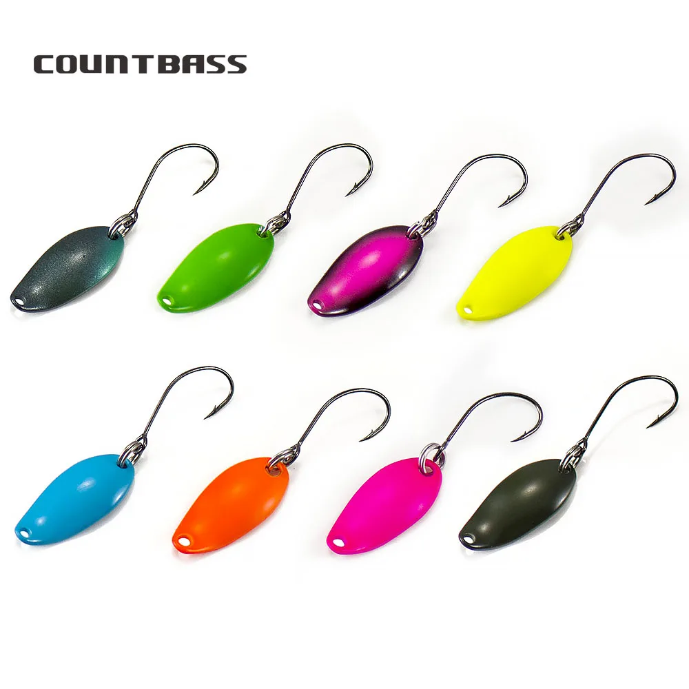 Countbass-cuchara para trucha con anzuelo individual coreano, tamaño 1/32oz 1/16oz, Señuelos de pesca de lubina y salmón, cebo de Metal para lago, 8 Uds.