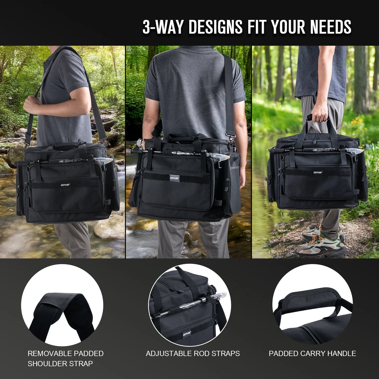 Goture 45*25*38cm bolsa de pesca al aire libre 600D tela Oxford impermeable de gran capacidad multifuncional señuelo paquete de aparejos de pesca - imagen 5