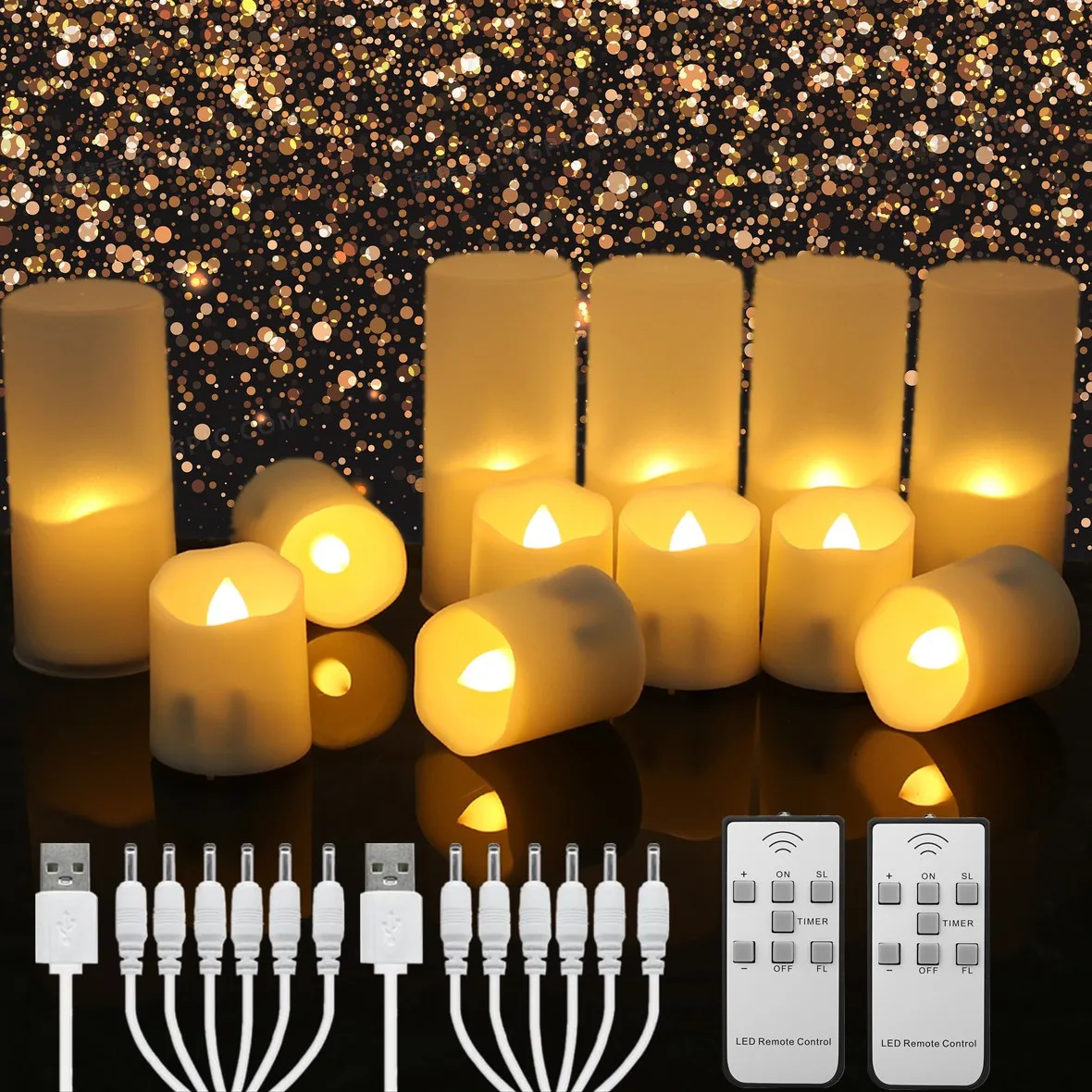 Velas LED recargables con temporizador USB, llamas parpadeantes remotas, velas de boda, decoración del hogar de cumpleaños, lámpara de vela con cargador