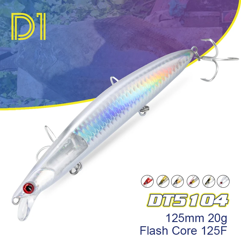 Señuelo de pesca D1 Flash Core 125F Minnow, 125mm, 20g, Jerkbait de fundición larga, Wobbler WTD, cebo flotante, aparejos de pesca para lubina DT5104