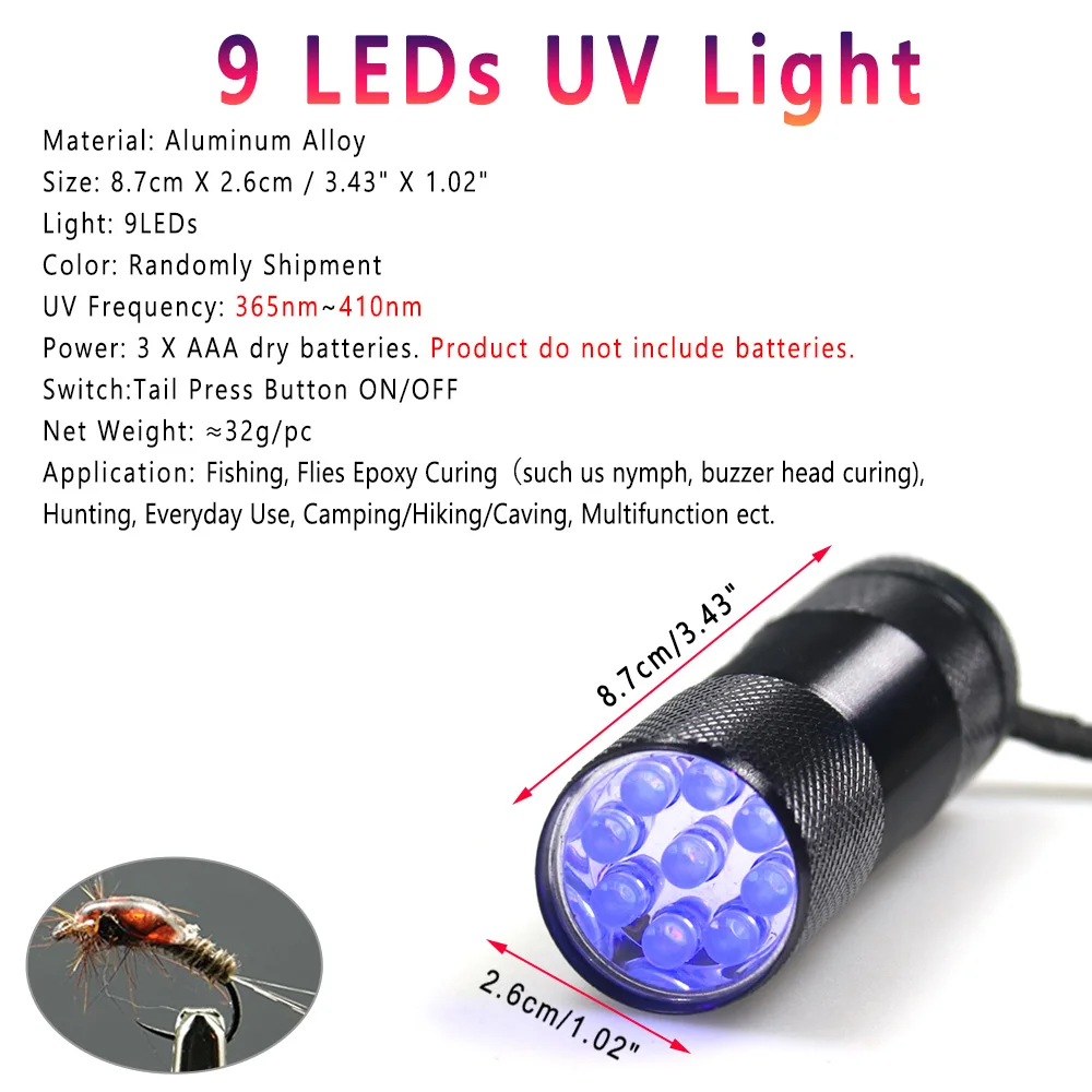 Bimoo 9 LED 21 LED atado de moscas curado UV moscas de pesca lámpara de resina forma de bolígrafo linterna UV luz UV multifunción de aluminio - imagen 3