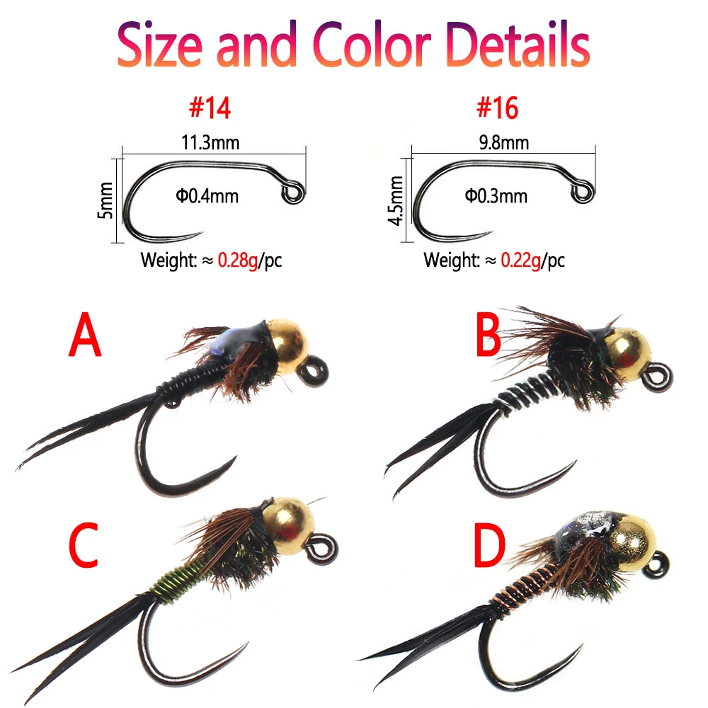 Bimoo-Señuelos de Pesca de tungsteno, 4 piezas, #16, plantilla sin púas, cobre, alambre de cobre, costilla, fregadero rápido, Euro, ninfa, Mosca, trucha - imagen 3
