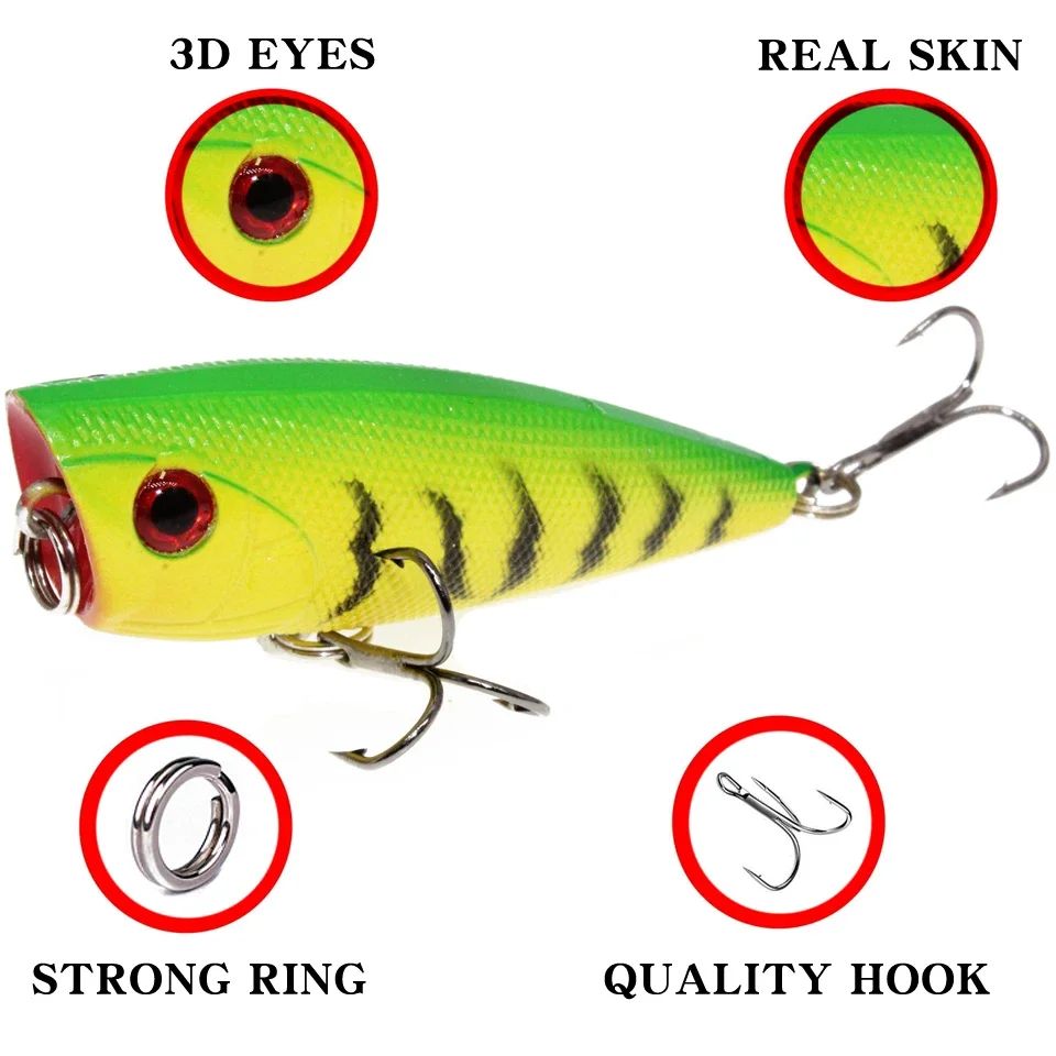 LEOSPORT-señuelo de pesca de piezas, cebo duro Topwater Popper Crankbait, 6cm/6,9g, señuelos flotantes, anzuelos triples - imagen 3