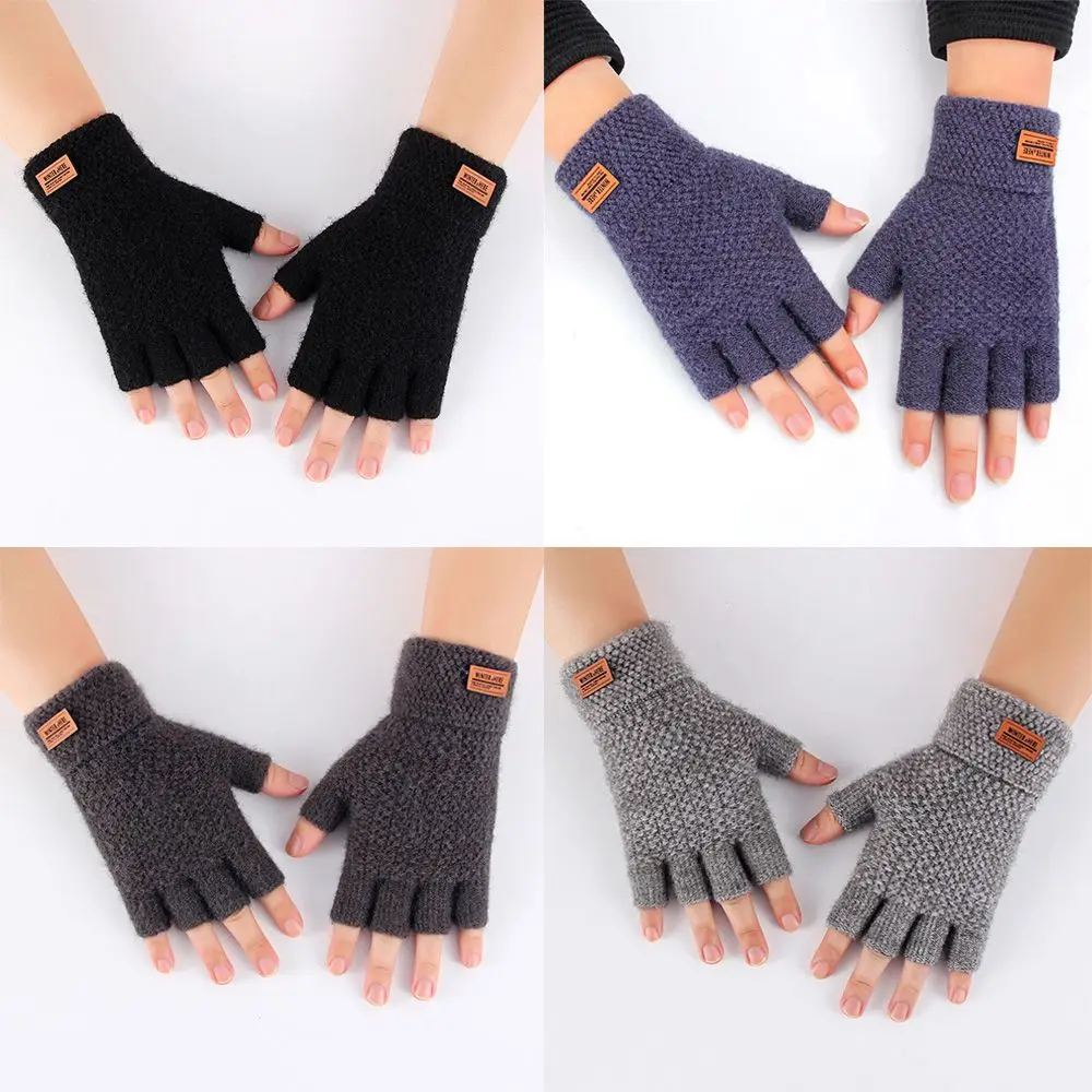 Guantes de conducción cálidos elásticos con etiqueta de cuero, manoplas de medio dedo, guantes sin dedos, lana de Alpaca tejida