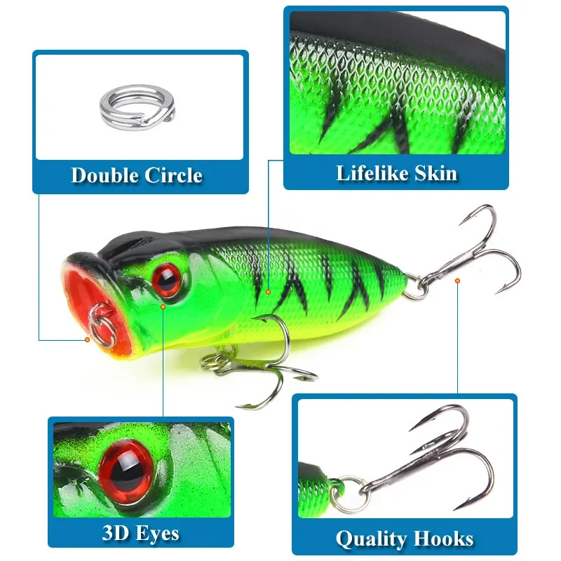 Cebo Popper de 6,5 cm de longitud, señuelos de pececillo de pesca multicolores, Wobblers, cebo duro Artificial para pesca en el mar con 2 anzuelos triples - imagen 4