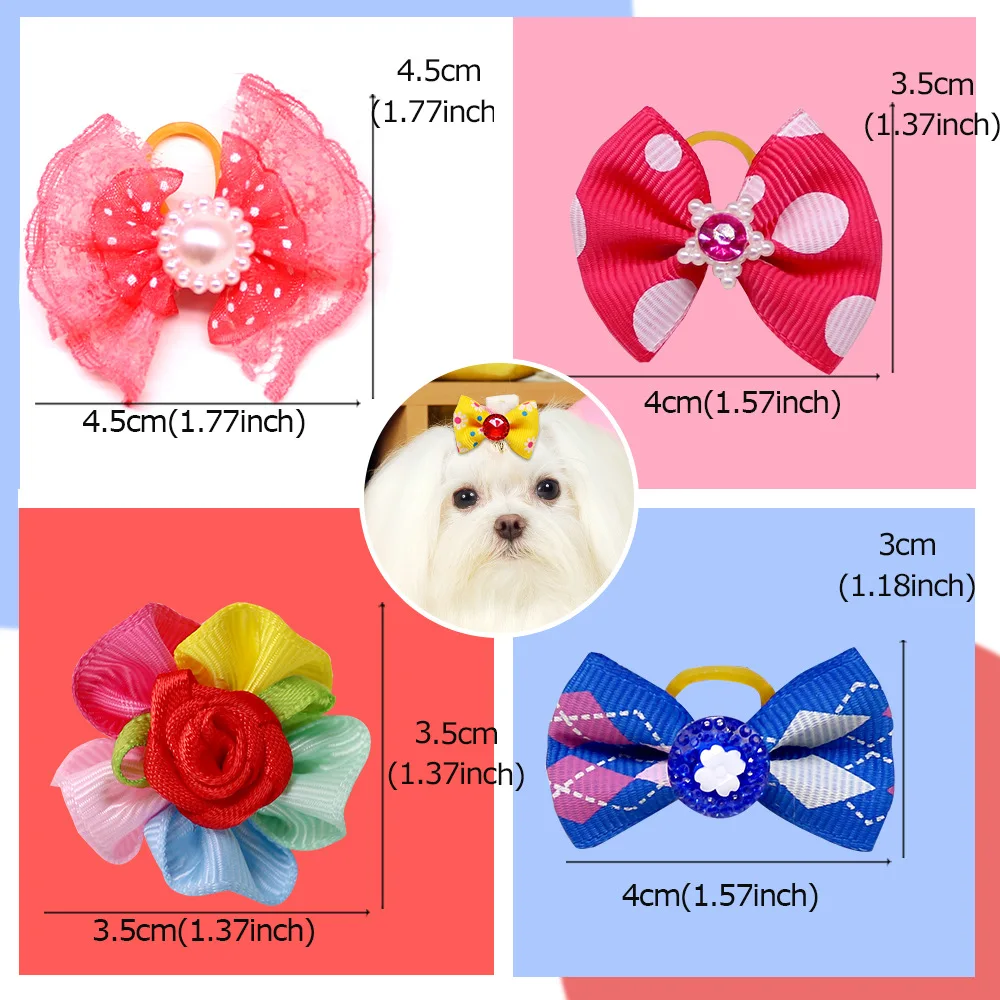 10 unids/set de bonitos lazos para perros, accesorios para el cabello con bolas, patrones mixtos de aseo con bandas de goma, gorros para perros, suministros para mascotas - imagen 5