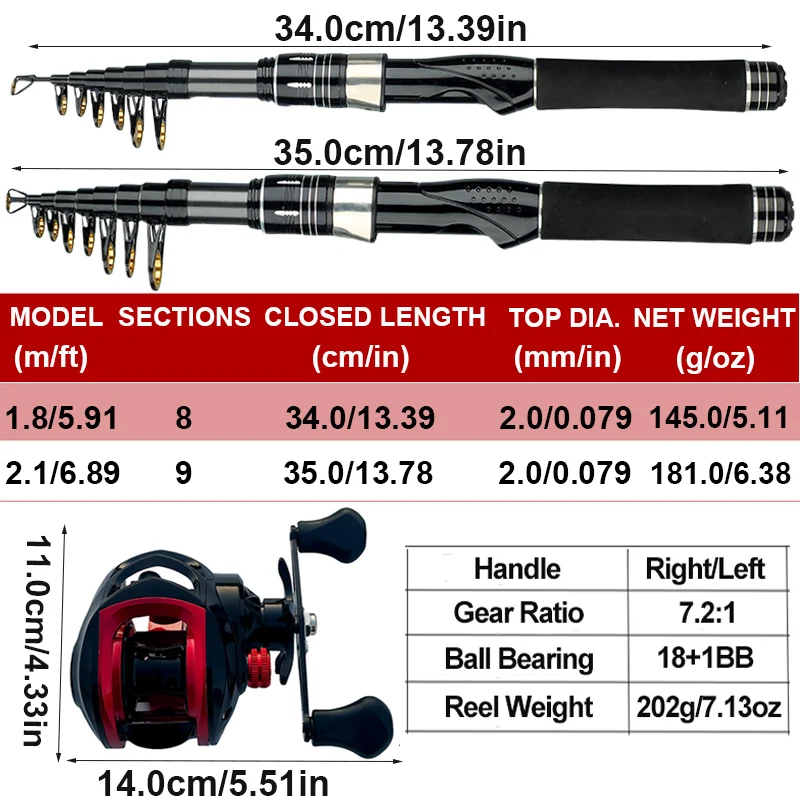 Combo de caña de pescar telescópica de fibra de carbono, relación de engranaje 7,2: 1, carrete de Baitcasting de alta velocidad y caña giratoria de mar/señuelo de 1,5-2,4 M - imagen 4