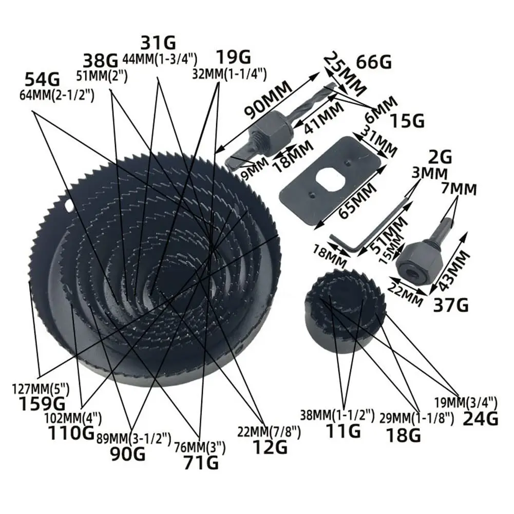 Kit de sierra perforadora de 16 piezas que incluyen hojas de sierra perforadora universales de 3/4 "-5" (19-127 mm) Mandriles Brocas Placa de instalación Llave hexagonal - imagen 4