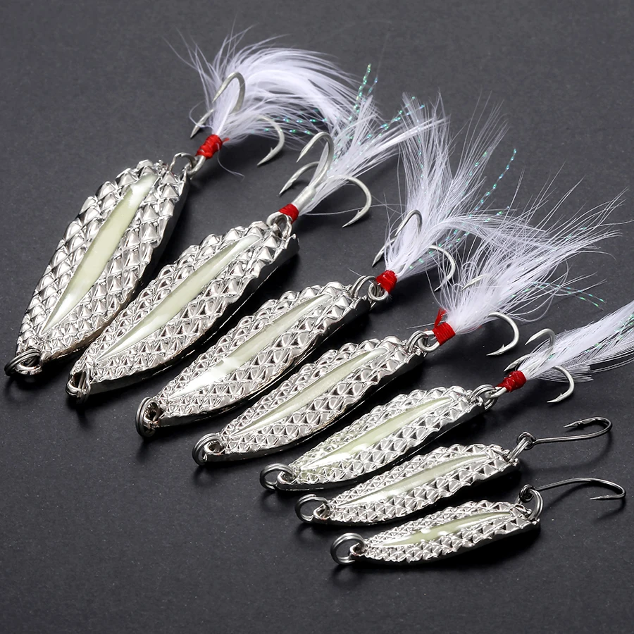 Señuelos de Pesca luminosos de Metal, 1 piezas, 2,5g-20g, Spinner de lentejuelas con pluma, anzuelo triple - imagen 2
