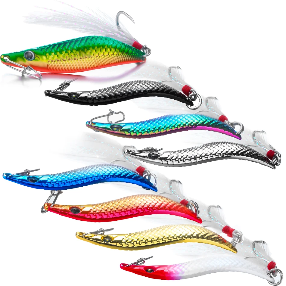 Señuelos de cuchara giratorios de Leech VIB de Metal, cebo Artificial con gancho de pluma, aparejos de pesca nocturna para perca de Lucio, 10g, 15g, 20g, 8 piezas - imagen 4