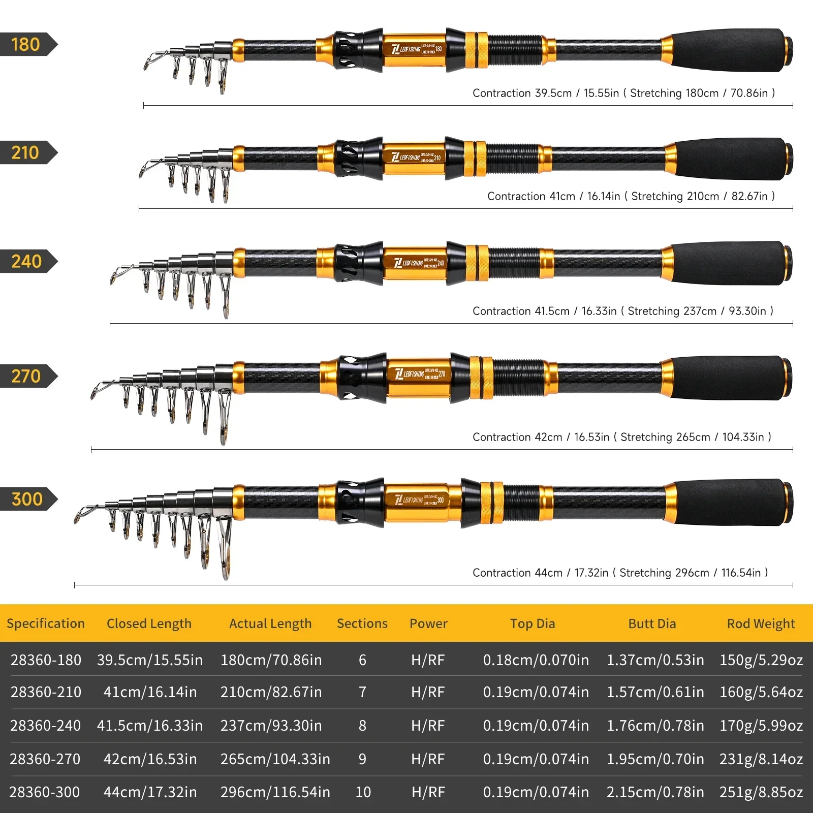 LEOFISHING-señuelo de mar telescópico de fibra de carbono, caña de pescar giratoria de viaje H/RF1.8M, 2,1 M, 2,4 M, 2,7 M, 3,0 M, accesorios para equipos de peces - imagen 5