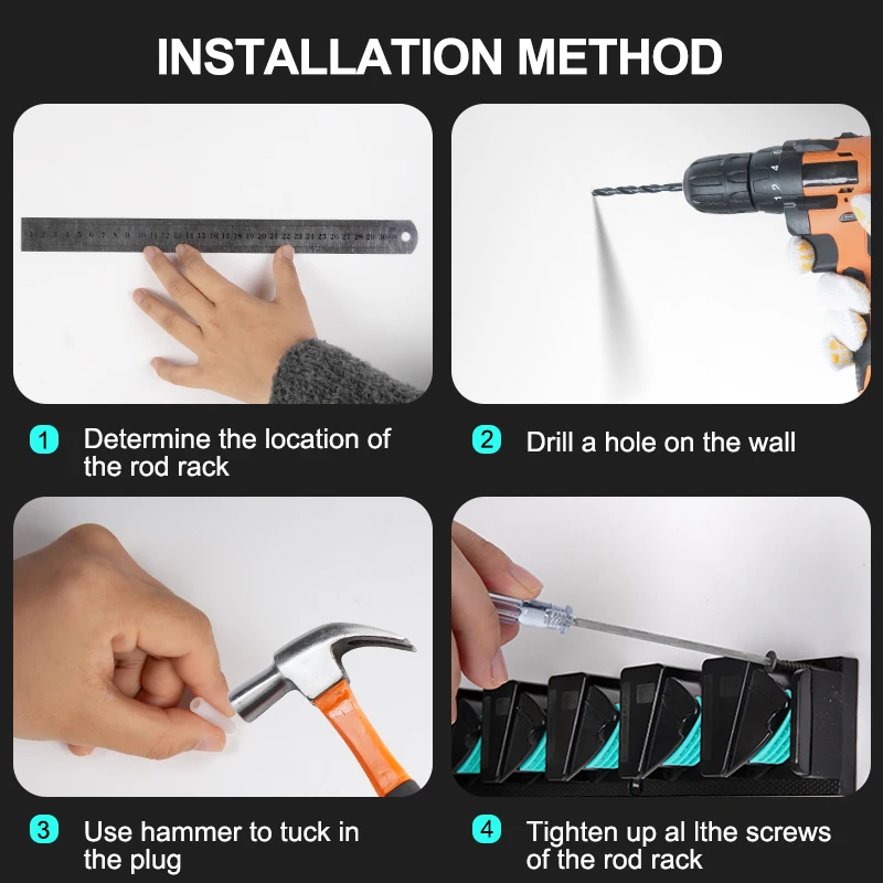 Soporte para caña de pescar montado en la pared, soporte para caña de pescar Vertical/Horizontal, estante para hasta 9 cañas o herramientas de pesca - imagen 5