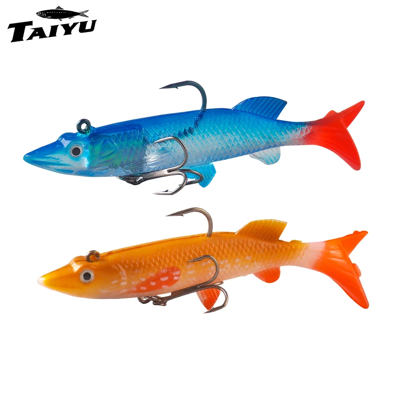 TAIYU-Kit de Señuelos de Pesca blandos, 5 uds., 9cm, 14g, cabeza de plantilla Artificial, señuelo suave de silicona, cebo biónico para pesca de trucha y Lucio con 2 ganchos