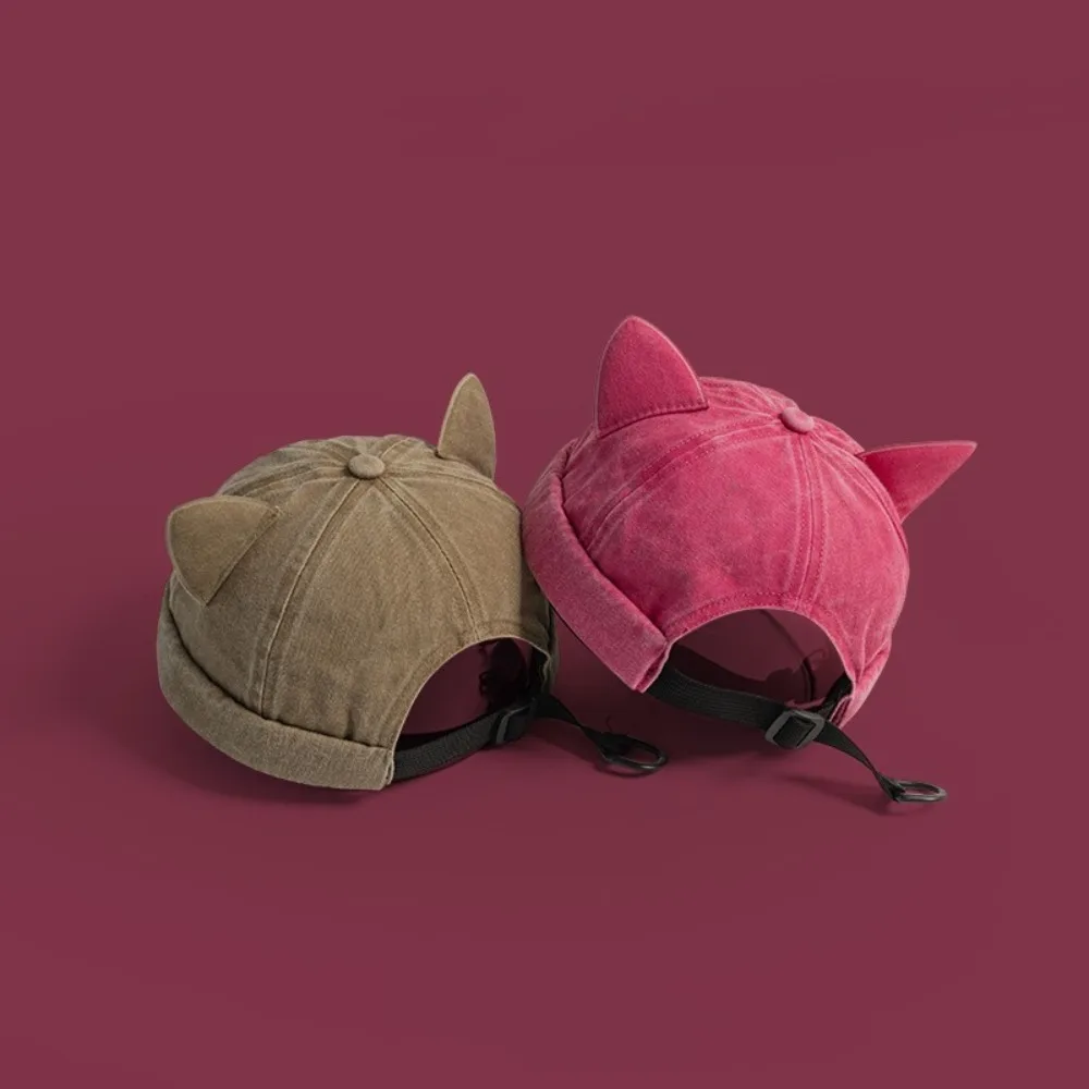 Gorro de algodón transpirable con orejas de gato viejo lavado a la moda, gorro Unisex de Color sólido para mujer