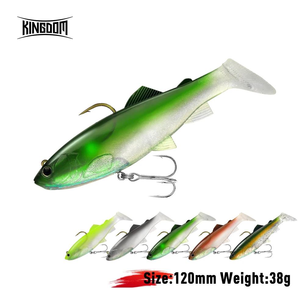 Kingdom-señuelo de Pesca suave, 38g, 120mm, cola Artificial en T, cebo de silicona, anzuelos triples, Swimbait Wobblers, aparejos de Pesca lubina - imagen 2