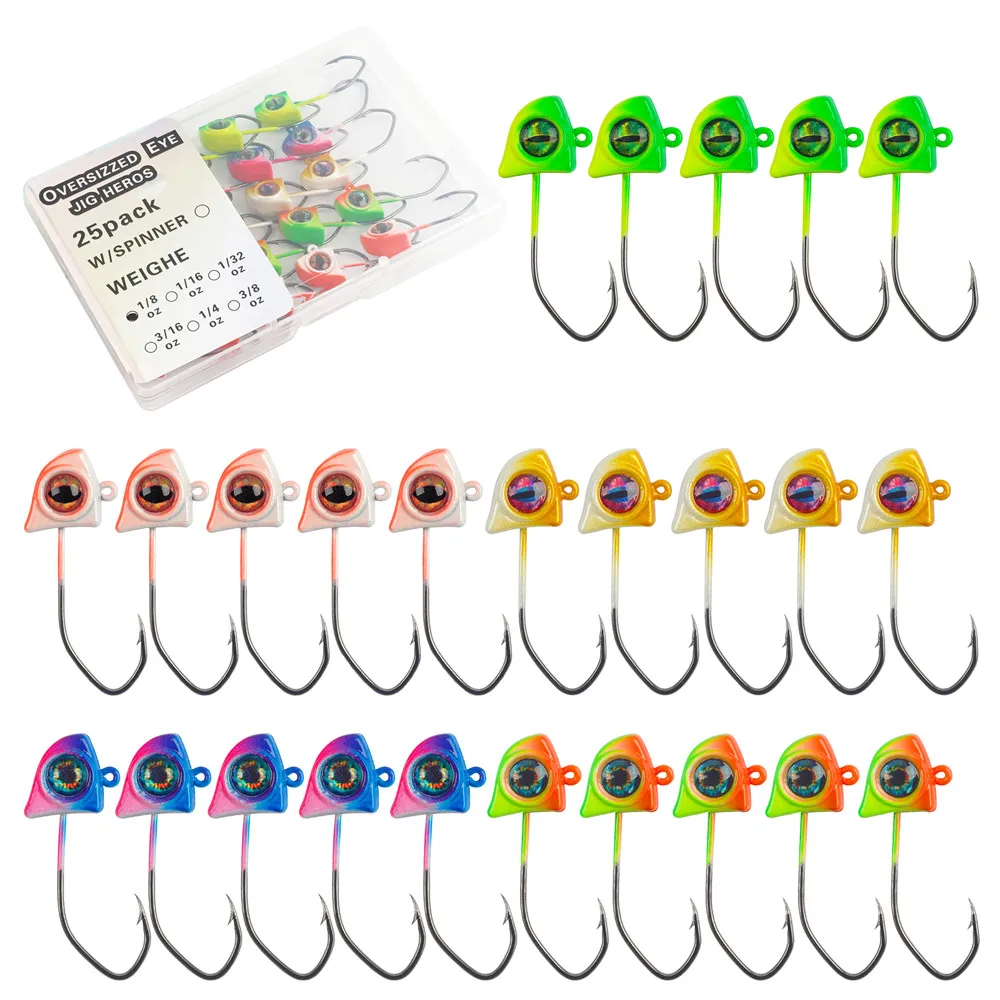 25 uds Crappie Jigs cabezas 1/32OZ 1/16OZ 1/8OZ ojos 3D pesca Jig Head gusano anzuelos para Crappie Panfish lubina señuelo pesca