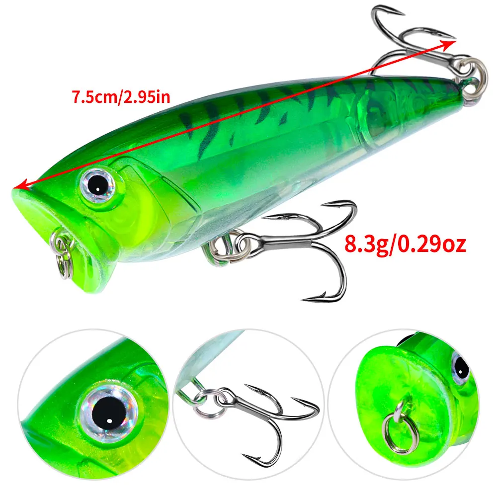 1 unidad Topwater Popper 7,5 cm 8,3g señuelo duro flotante cebo Artificial ojos 3D para lubina perca Pike Pesca de agua dulce y salada - imagen 4