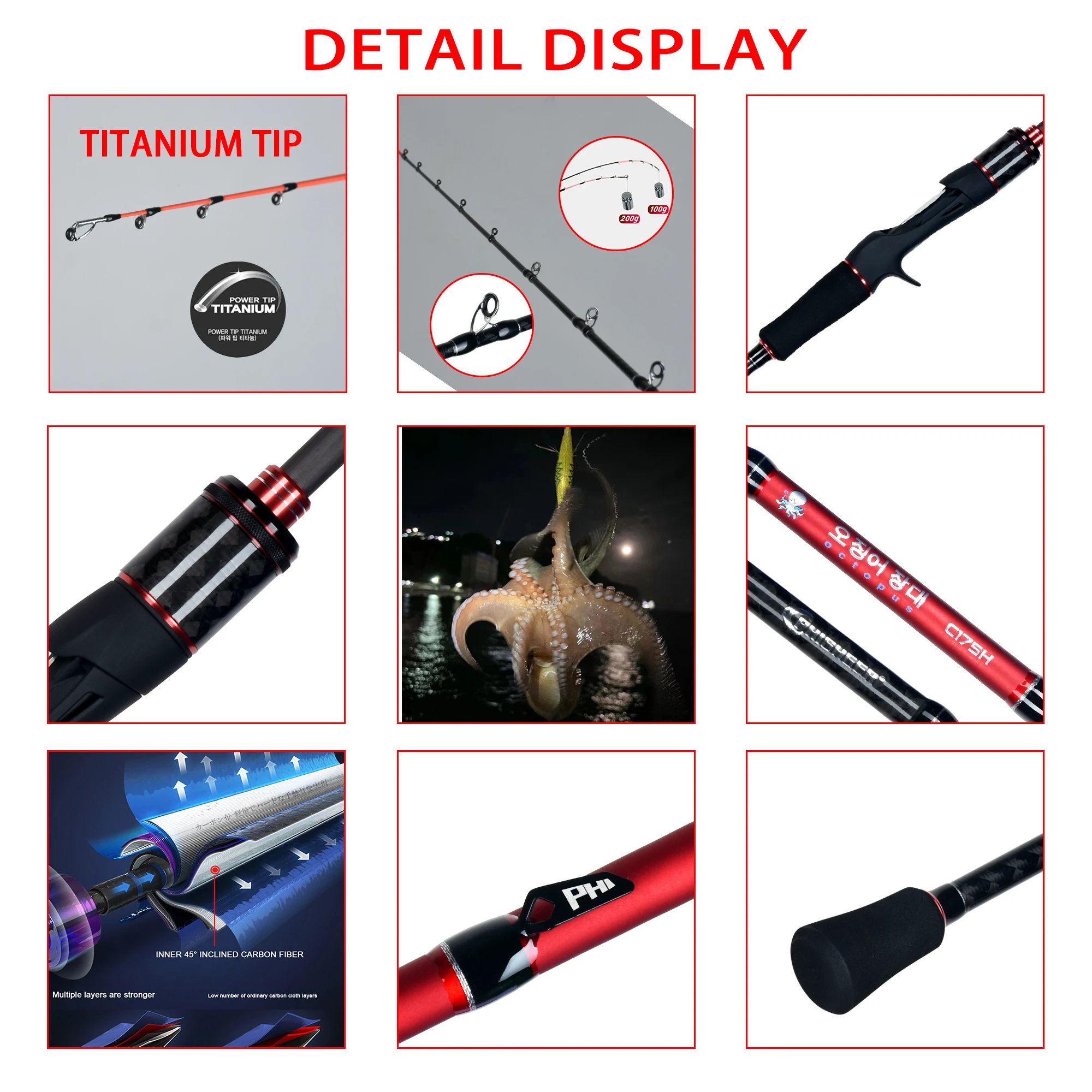 BIUTIFU-cañas de pescar de fundición de pulpo con punta de titanio, 1,75 m de potencia, M/H, 20-120g, T1000, de carbono, alta calidad - imagen 3