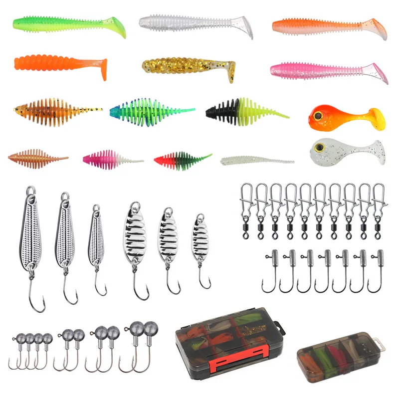 75/35 Uds Multi silicona suave señuelo de Pesca cebo Jig Head Wobblers gancho de goma para Pesca de carpa Kit de aparejos de Metal caja Set Pesca