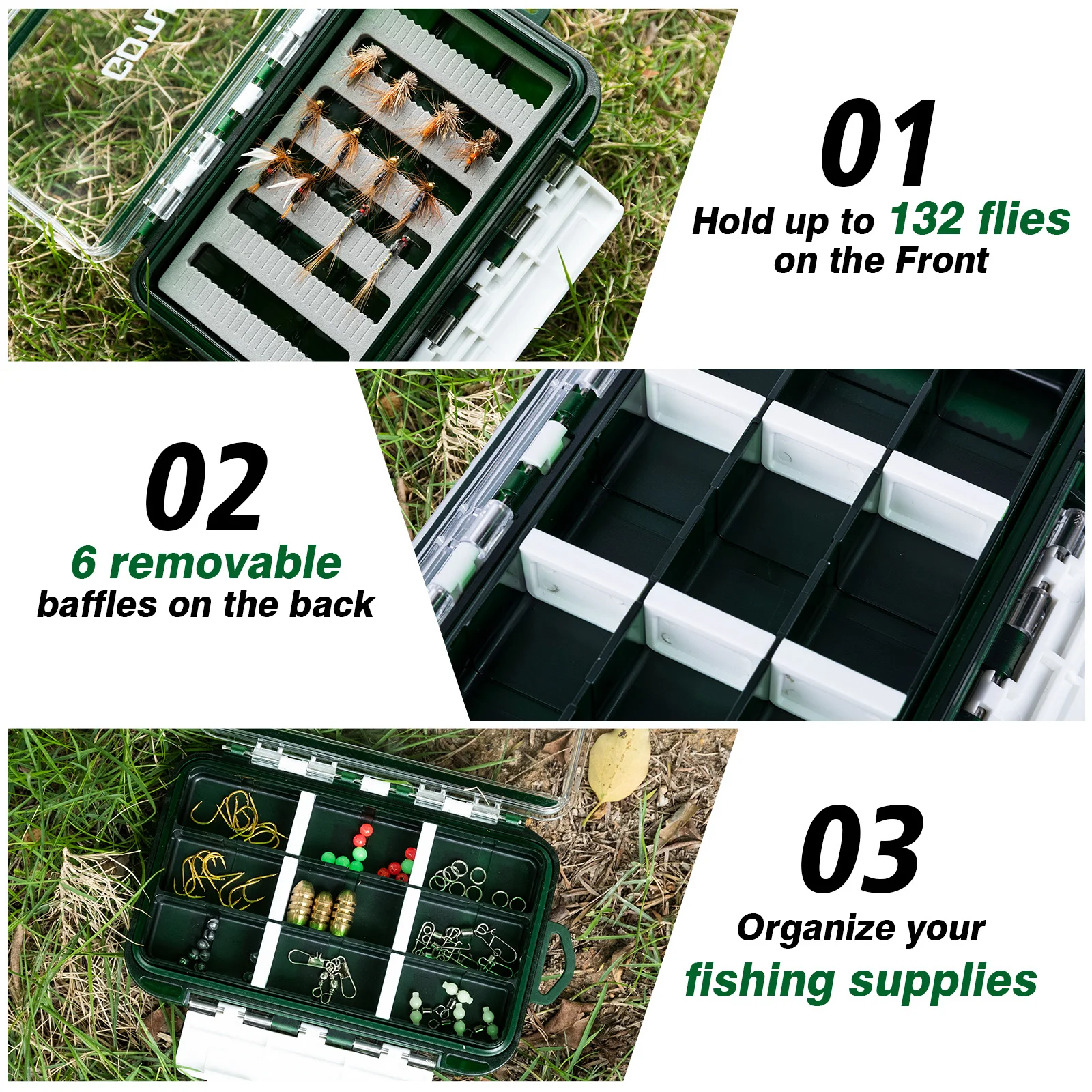 Goture-caja de pesca con mosca de 2 lados, aparejos negros, señuelo, anzuelo de pescado, caja de almacenamiento de plástico ABS impermeable, caja de herramientas de accesorios de pesca - imagen 3