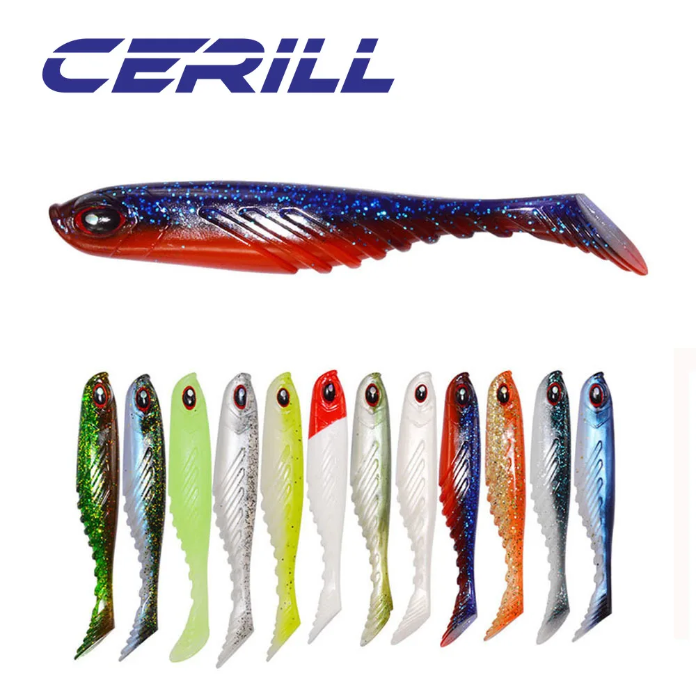 Cerill 5 uds 75mm 3,2g ojos 3D señuelo de gusano suave cebo de silicona mar Swimbait Wobbler cola de paleta plástico lubina Shad carpa doble Color - imagen 4