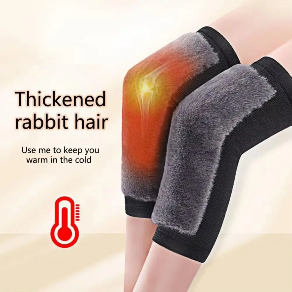 Rodillera de pelo de conejo de imitación para invierno y otoño, protección contra el viento, calentador de rodilla de felpa para personas mayores, recuperación de articulaciones gris/negro, 1 par - imagen 5