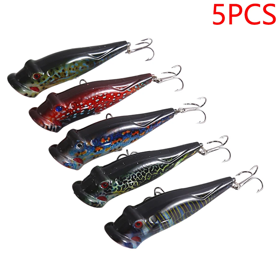 Juego de Señuelos de Pesca Popper Crankbait a rayas, aparejos pintados con puntos, cebo duro Artificial con gancho, 8cm/12,4g, Wobbler para peces/luccio, 5 uds. - imagen 3