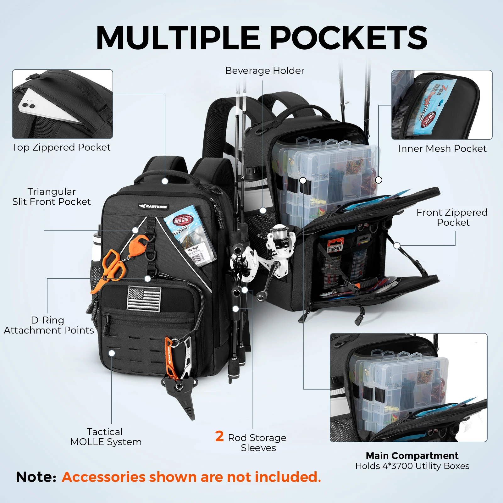 Mochila para aparejos de pesca KastKing KarryAll KastMate, bolsa para aparejos resistente al agua con 2 soportes para caña, equipo y equipo de pesca con - imagen 3