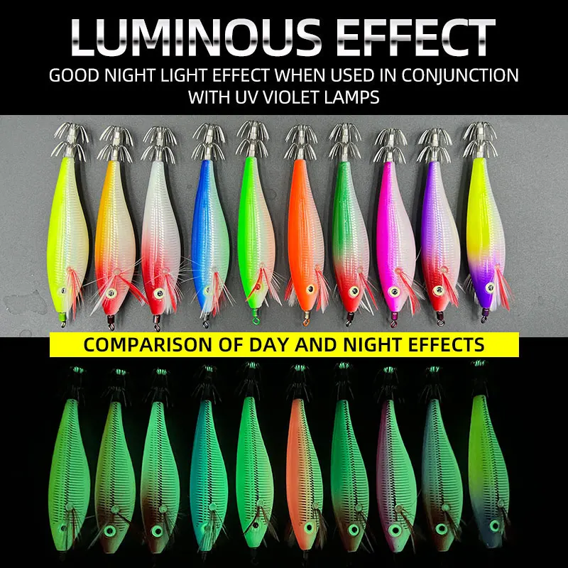 Cebo de pesca con cebo de camarón de madera luminosa, 10 colores, anzuelo de calamar de simulación que brilla en la oscuridad, anzuelos de calamar, Señuelos de Pesca - imagen 3