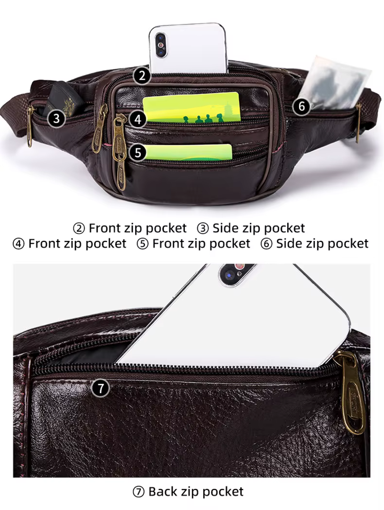 Carry -esenciales con esta elegante bolsa de cintura de cuero con múltiples bolsillos con cremallera