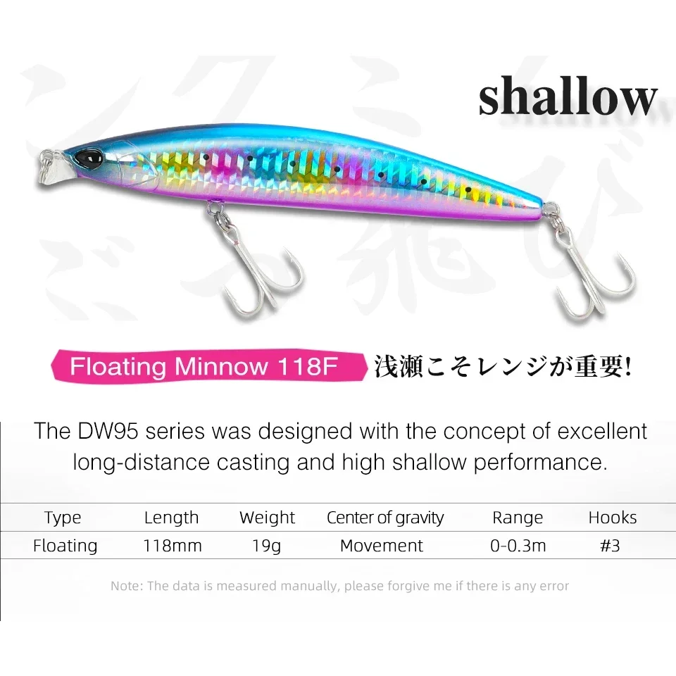 TSURINOYA 118mm 19g 0-30cm señuelo de pesca flotante de rango poco profundo DW95 118F lubina costera pececillo pesca en el mar cebo duro Artificial - imagen 5