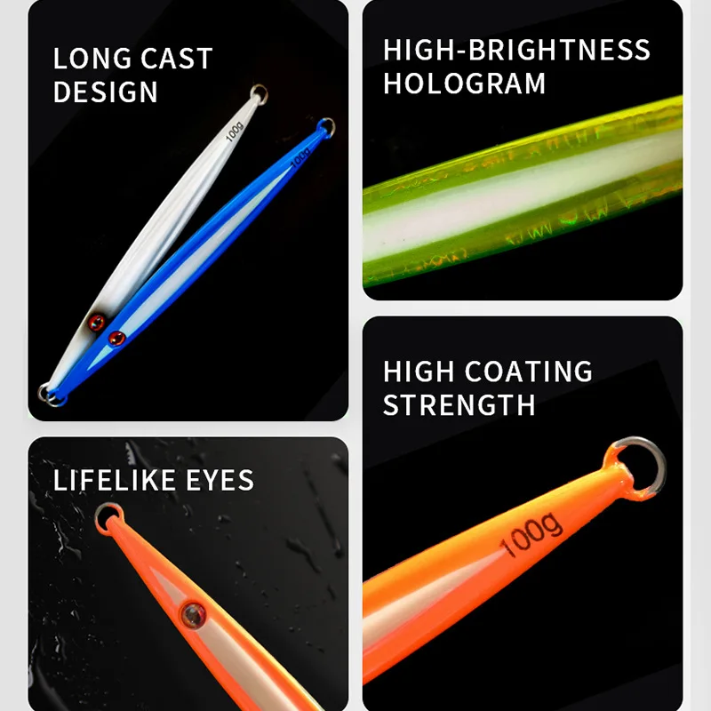 Testar-señuelo de Pesca con plantilla de Metal luminosa, 60g, 100g, agua salada, hundimiento Vertical rápido, cebo de Pesca en barco, señuelo láser para Pesca de atún GT - imagen 4